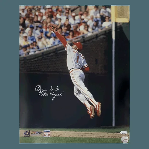 Ozzie Smith Autographed 16 x 20 Photo (JSA) with Wizard Inscription Pose 2