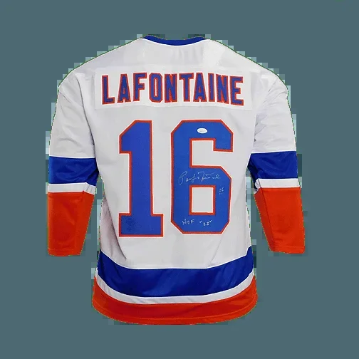 Pat Lafontaine Signed HOF 03 Inscription New York White Hockey Jersey (JSA)