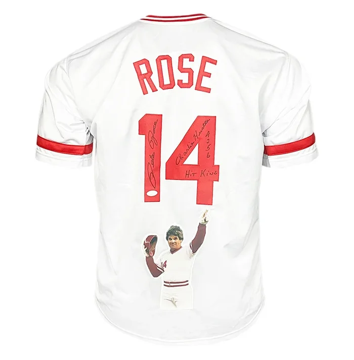 Pete Rose Signed Charlie Hustle,4256 & Hit King Inscription Cincinnati White Decal Baseball Jersey (JSA)