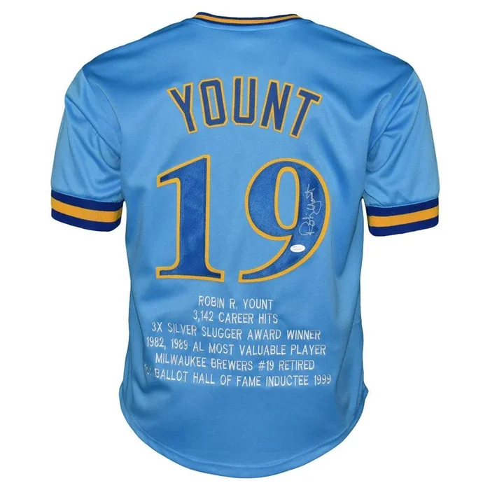 Robin Yount Signed Milwaukee Blue Stats Baseball Jersey (JSA)