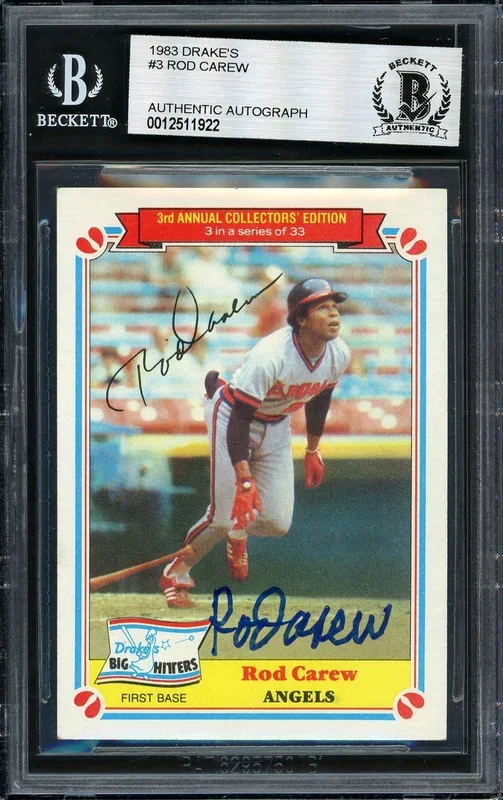 Rod Carew Autographed 1983 Topps Drake’s Card #3 California Angels Beckett BAS #12511922