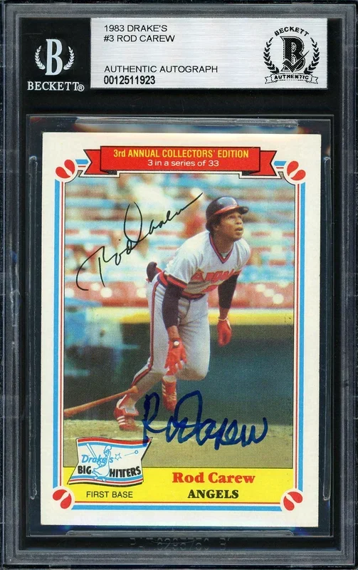 Rod Carew Autographed 1983 Topps Drake’s Card #3 California Angels Beckett BAS #12511923