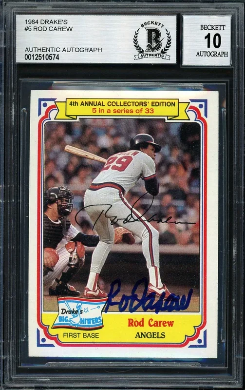 Rod Carew Autographed 1984 Topps Drake’s Card #5 California Angels Auto Grade 10 Beckett BAS #12510574
