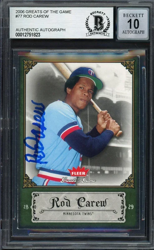 Rod Carew Autographed 2006 Fleer Greats of the Game Card #77 Minnesota Twins Auto Grade Gem Mint 10 Beckett BAS #12751823