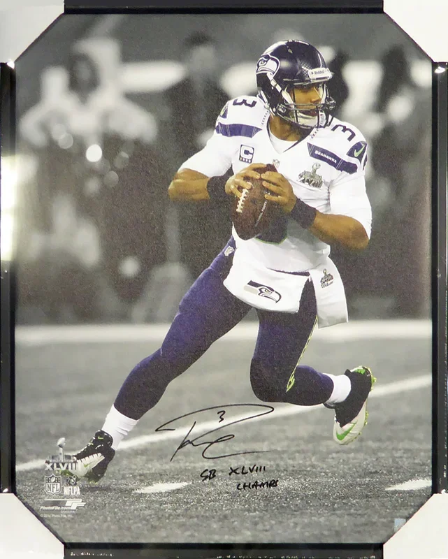 Russell Wilson Autographed Framed 24×30 Canvas Photo Seattle Seahawks “SB XLVIII Champs” Super Bowl RW Holo Stock #107484