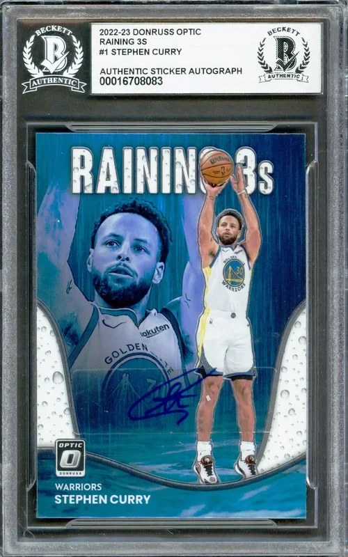 Stephen Curry Autographed 2022-23 Donruss Optic Raining 3’s Card #1 Golden State Warriors Beckett BAS #16708083