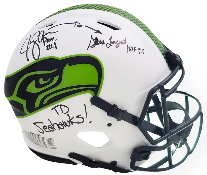 Steve Largent & Jim Zorn Autographed Seattle Seahawks Lunar Eclipse White Full Size Authentic Speed Helmet “TD Seahawks!” MCS Holo Stock #210446