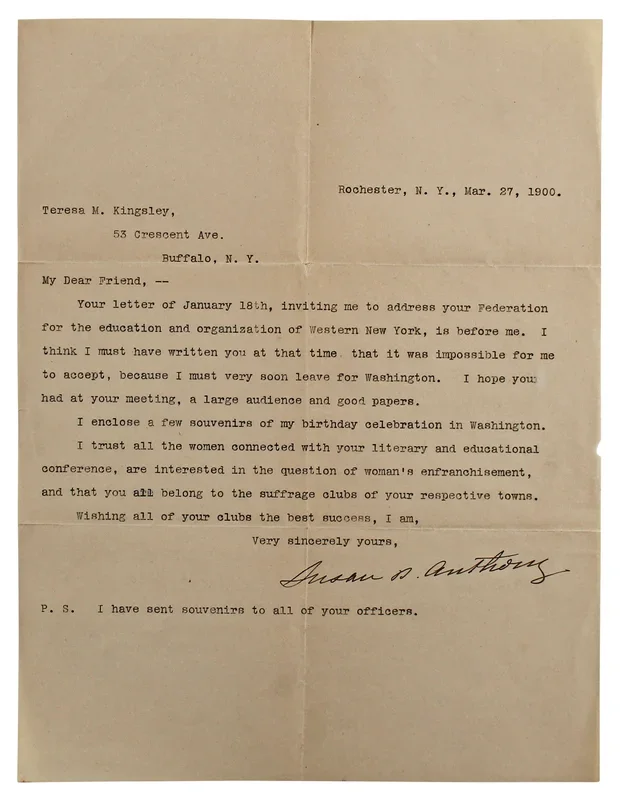 Susan B. Anthony Authentic Signed 8.25×10.75 1900 Letter BAS #AB14682