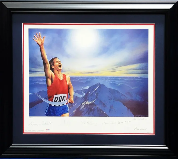 Victory Autographed Framed 19×22 Lithograph Photo With 7 Signatures Including Neil Armstrong, Muhammad Ali, & Hank Aaron #/100 With Artist Proof PSA/DNA Stock #210992
