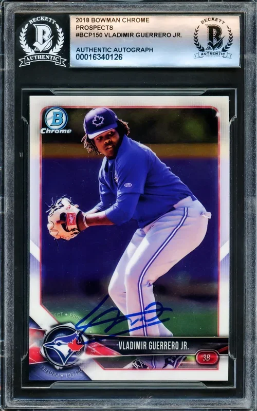 Vladimir Guerrero Jr. Autographed 2018 Bowman Chrome Rookie Card #BCP150 Toronto Blue Jays Beckett BAS Stock #221555