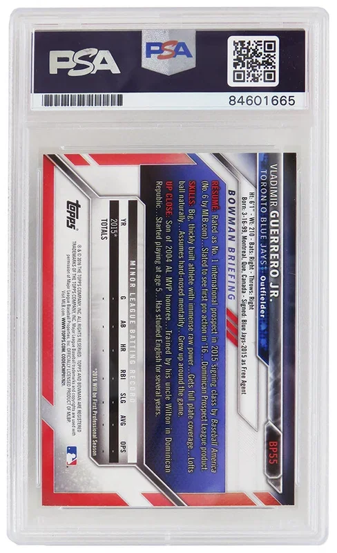 Vladimir Guerrero Jr Signed Toronto Blue Jays 2016 Topps Bowman Rookie Baseball Trading Card #BP55 – (PSA/DNA – Auto Grade 10)