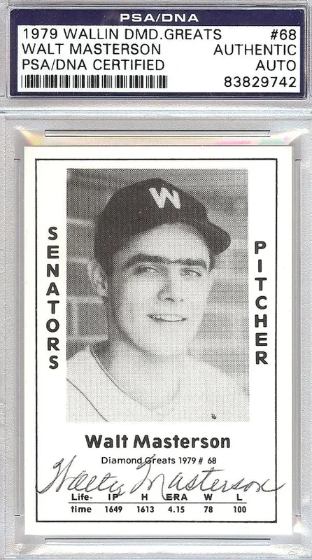 Walt Masterson Autographed 1979 Diamond Greats Card #68 Senators PSA/DNA #83829742