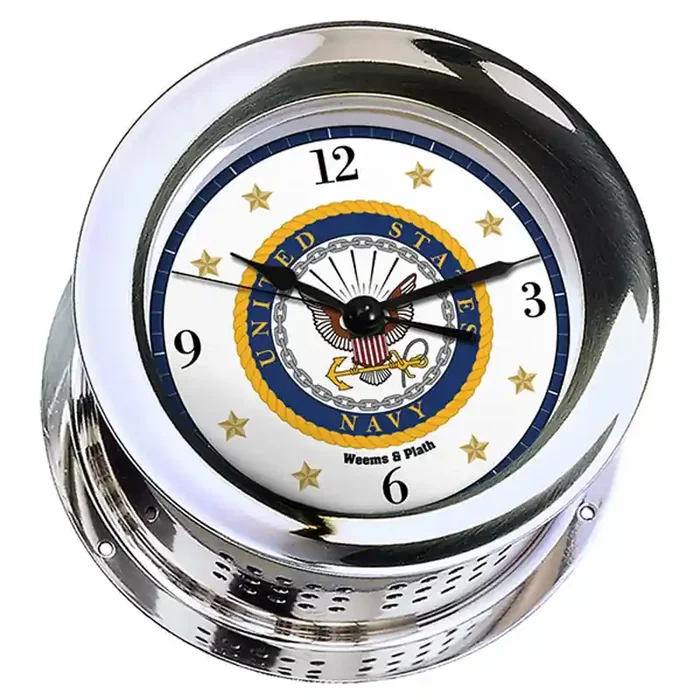 Weems & Plath U.S. Navy Chrome Plated Atlantis Quartz Ships Bell Clock 7 Emblem