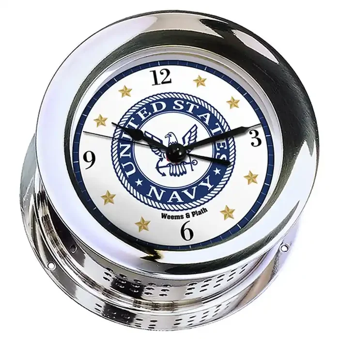 Weems & Plath U.S. Navy Chrome Plated Atlantis Quartz Ships Bell Clock 9 Emblem