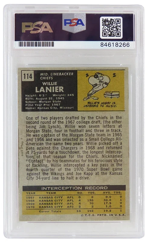 Willie Lanier Signed Kansas City Chiefs 1971 Topps Football Rookie Card #114 w/HOF’86 (PSA Encapsulated – Auto Grade 10)