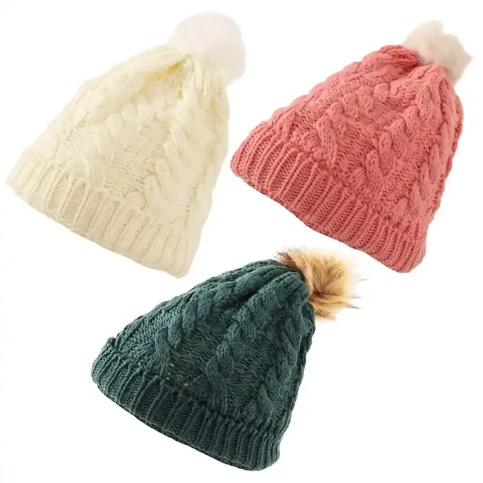Womens Cable Knit and Pom Pom Beanie – Assorted