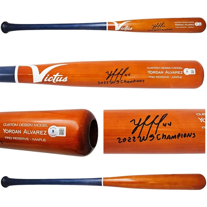 Yordan Alvarez Autographed Orange & Blue Victus Player Model Bat Houston Astros “2022 WS Champions” Beckett BAS Witness Stock #215389